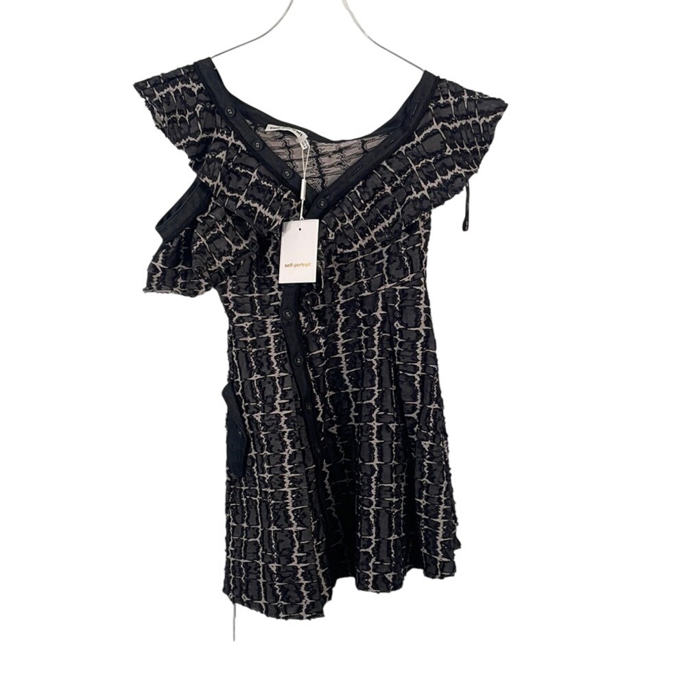 Self-Portrait Black White Jacquard Fil-Coupe Asymmetric Mini Dress SP13-031 US 6